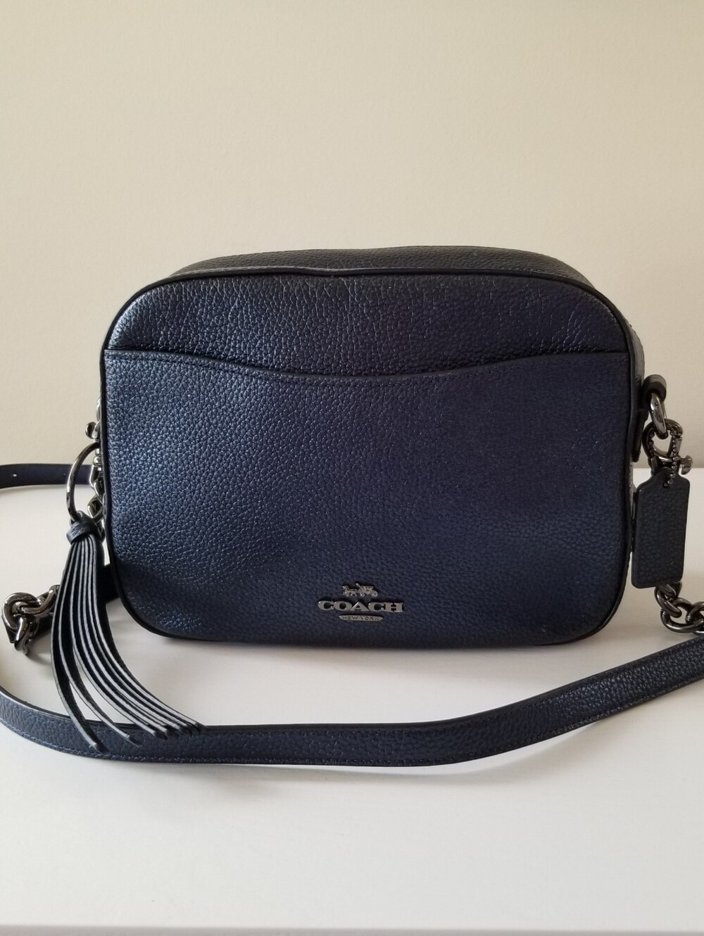 Coach Metallic Blue Camera Bag Pebbled Leather